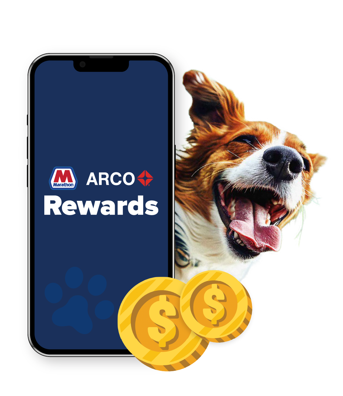 mobile phone showing Marathon ARCO Rewards logo, with smile next to the phone