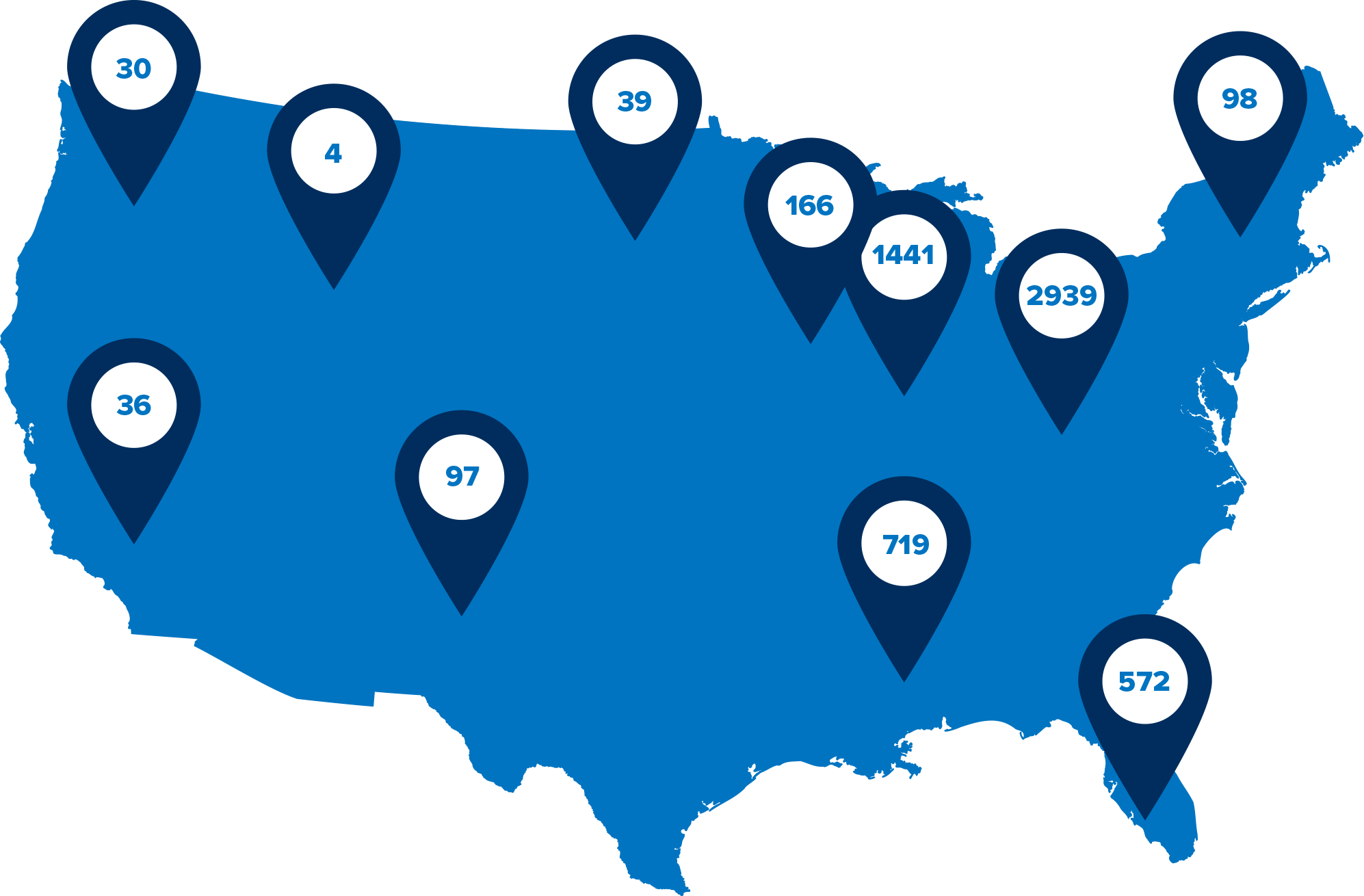 Map showing pins in areas with Marathon stations