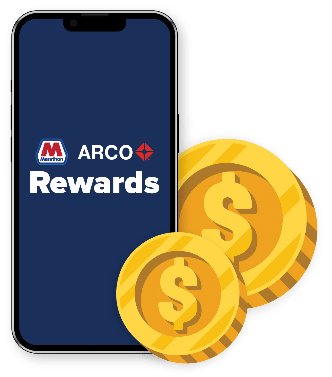 mobile phone showing Marathon ARCO Rewards logo, with coins next to the phone