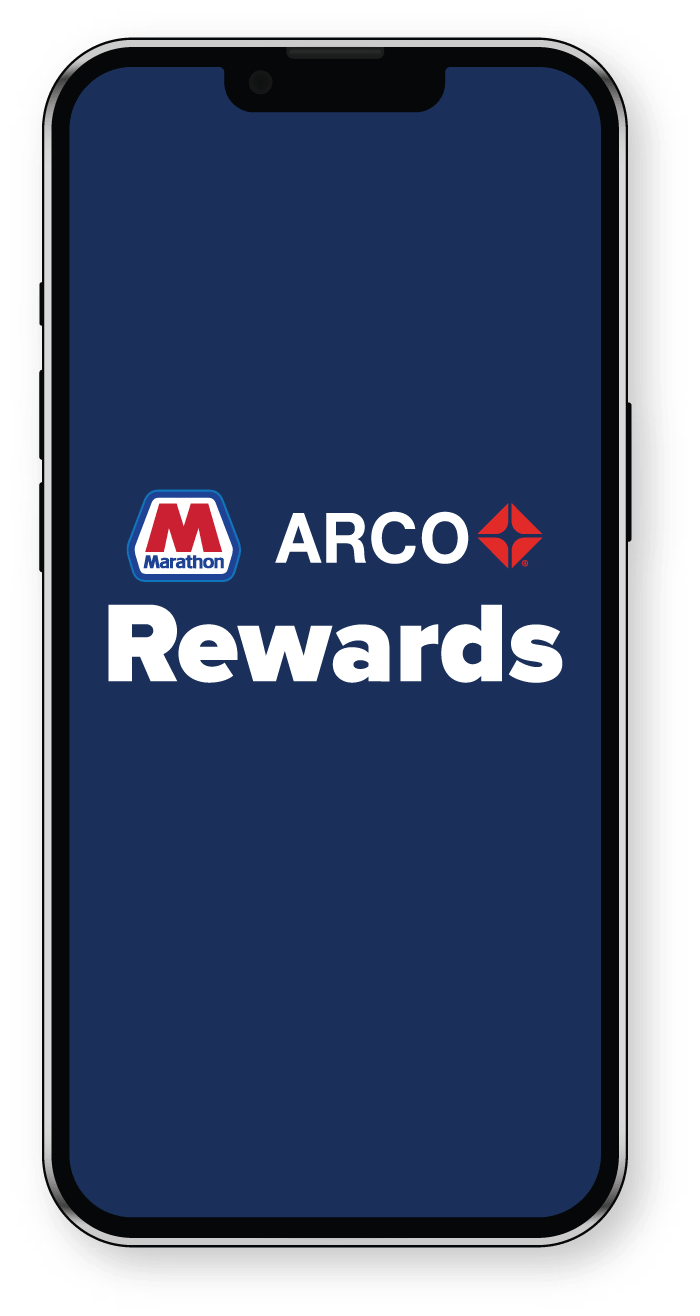 mobile phone showing Marathon ARCO Rewards logo, with coins next to the phone